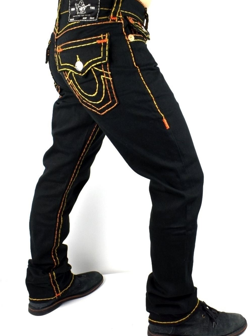 True Religion Men’s Sz. 29 Black Denim Jeans with Signature Yellow Stitching